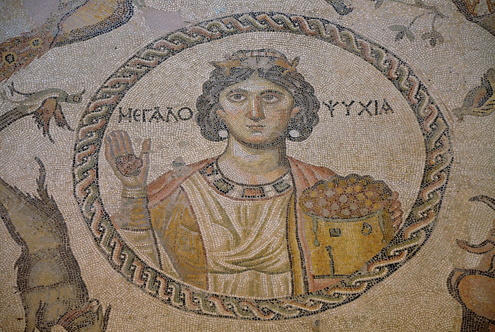 Zentrales Medaillon des Megalopsychia-Jagdmosaiks aus Yakto (Daphne, bei Antiochia), spätes 5. Jahrhundert